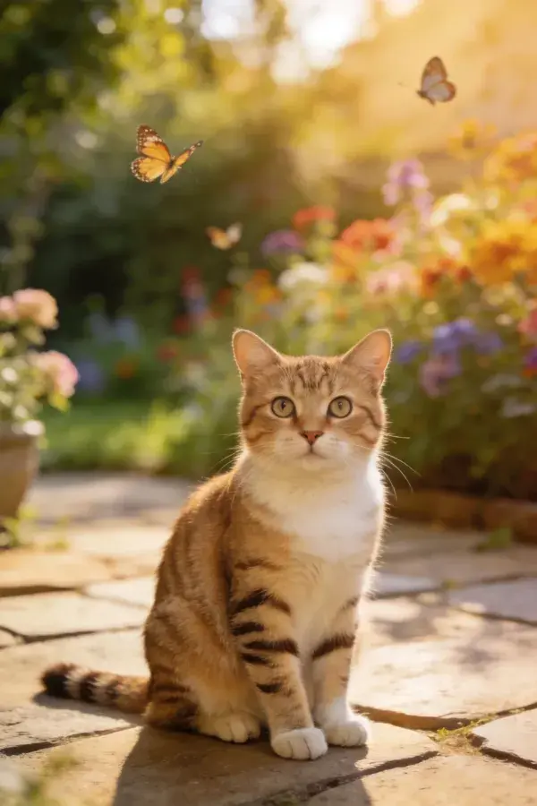 花园石板地上的橙白相间短毛家猫