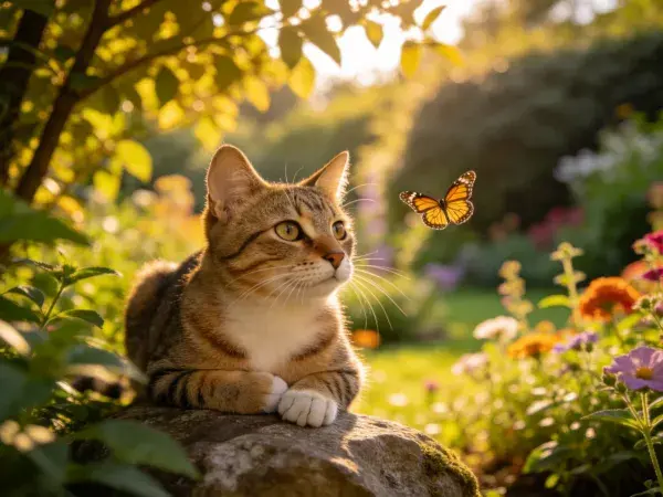 花园岩石上短毛虎斑猫观察蝴蝶