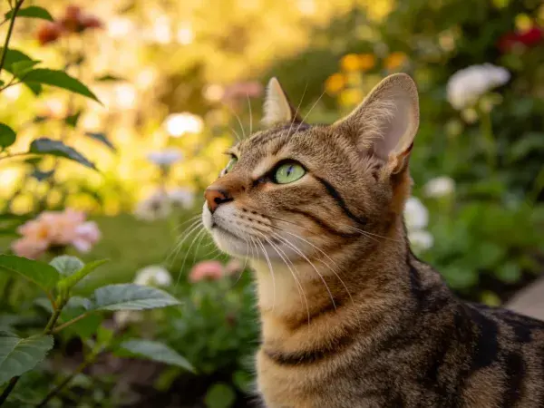 短毛虎斑猫凝视花园景象