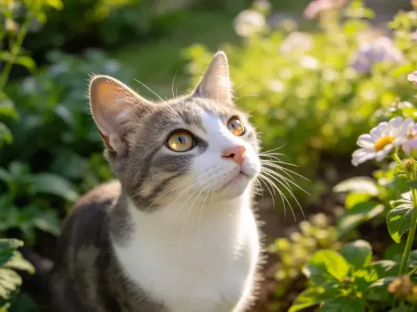 阳光下花园里的灰白相间短毛家猫