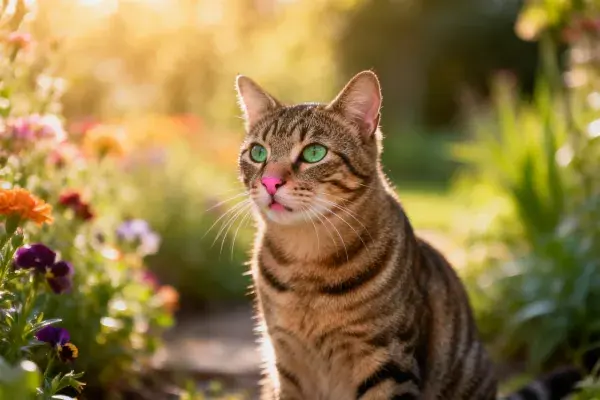 花园中虎斑短毛猫的条纹与色彩