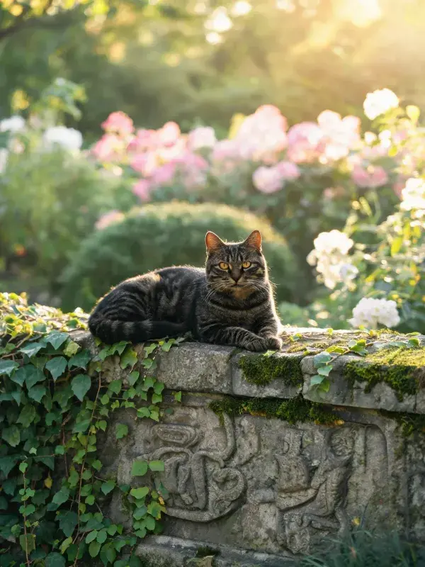 玳瑁斑纹短毛猫在石墙上休憩
