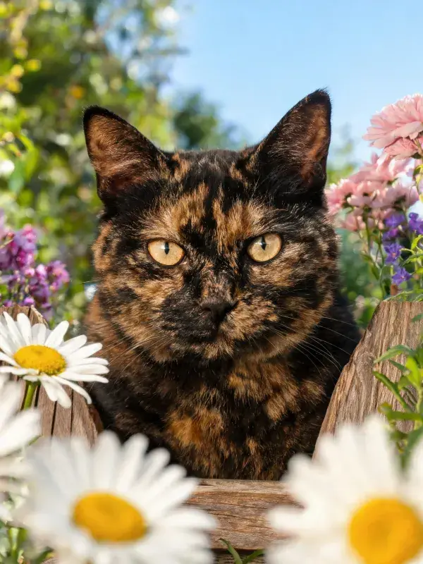 玳瑁猫于花丛间的观察姿态