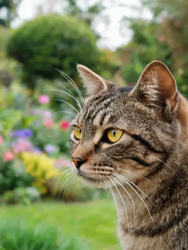 露天花园中短毛虎斑猫凝视姿态