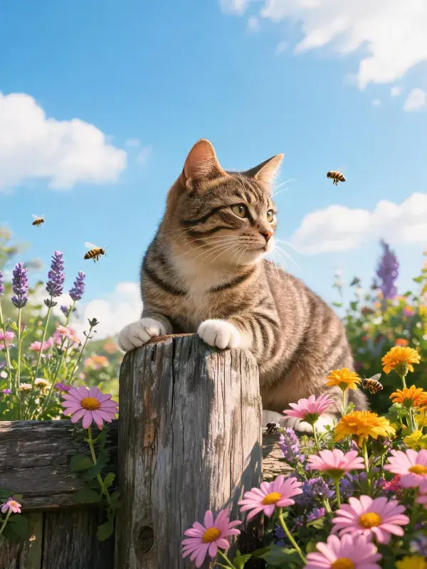虎斑短毛猫于花丛木栅栏处探望蜜蜂