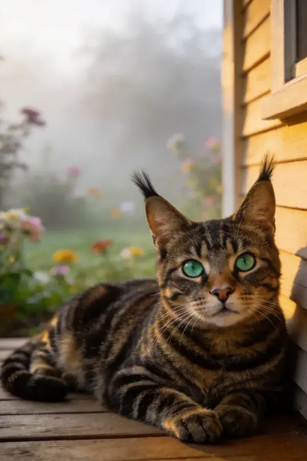 阳光下虎斑短毛猫靠木屋休憩
