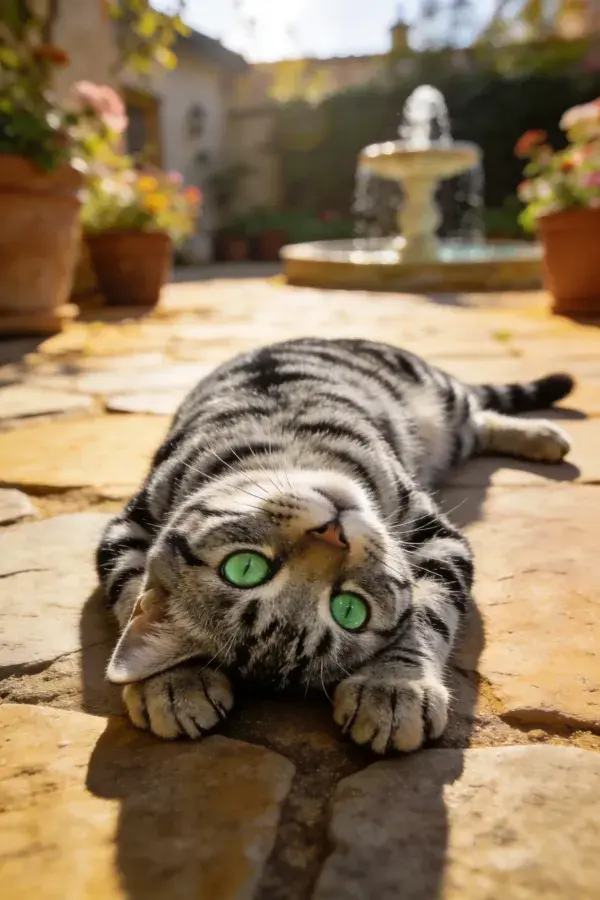 庭院石板上的短毛虎斑猫躺卧