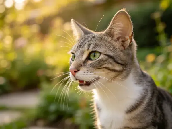 阳光花园中的灰白短毛家猫