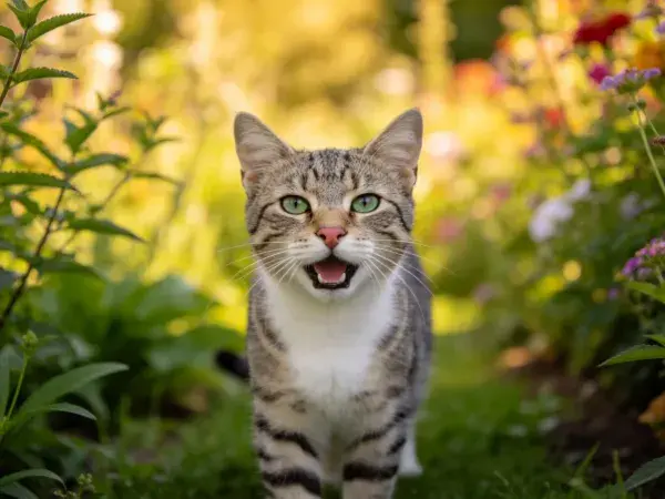 阳光花园里短毛家猫特写