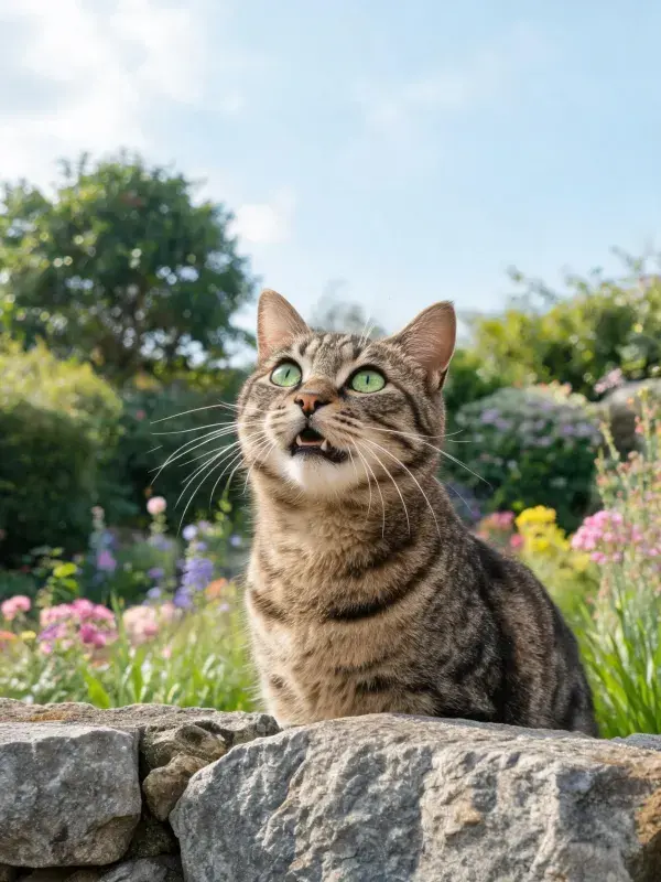 石墙后的短毛虎斑猫特写