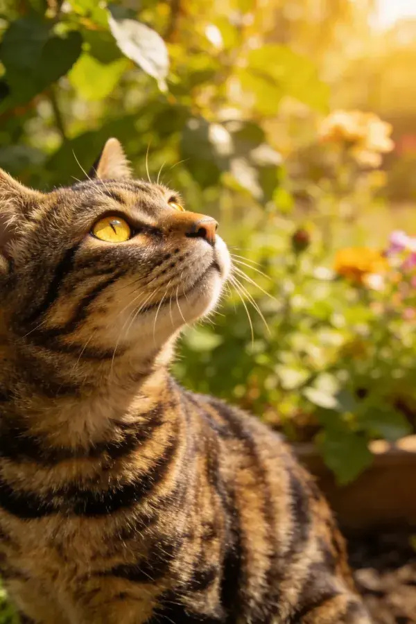 短毛虎斑猫仰望花园景象