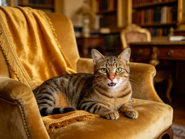 复古书房中虎斑短毛猫躺卧场景