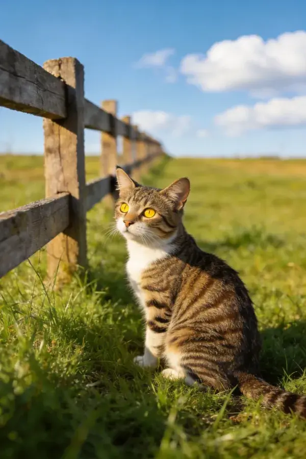 户外木栅旁的黄眼虎斑猫