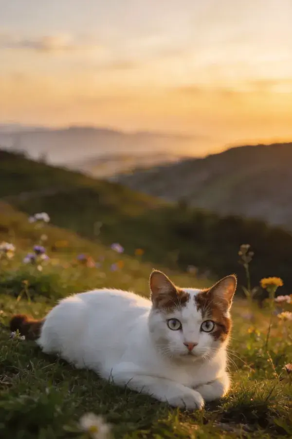 夕阳下草地上的白棕相间短毛家猫