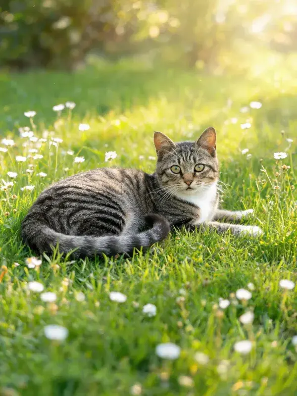 阳光明亮草地上的短毛虎斑猫休憩景象