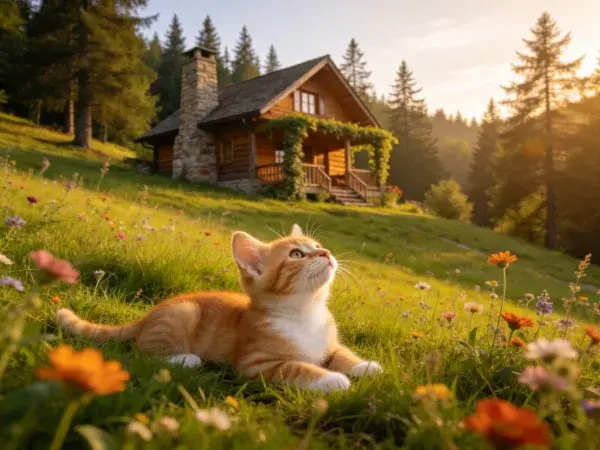 阳光下橘色短毛家猫注视木屋场景