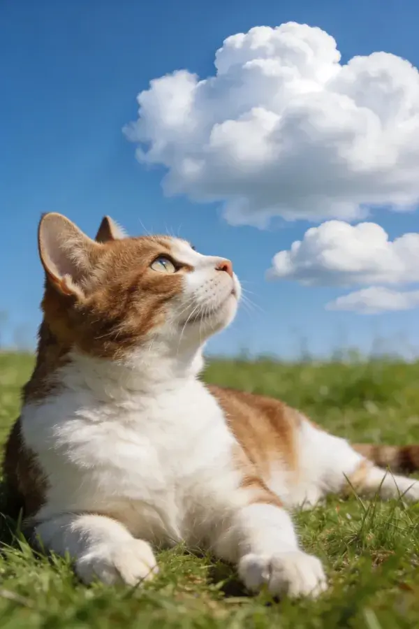 橙白相间短毛家猫草地仰望云朵