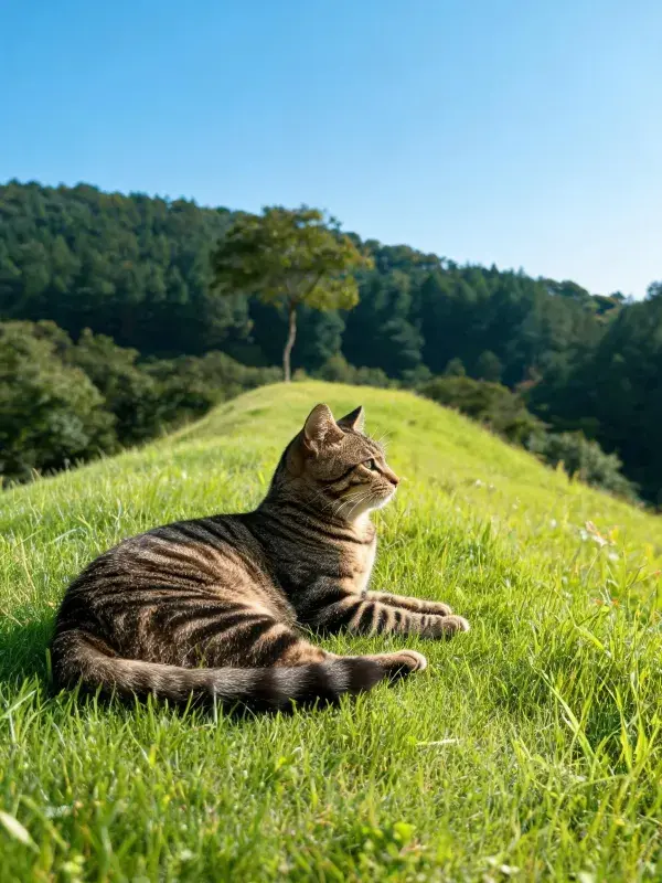 草地山坡上的短毛虎斑猫休憩景象