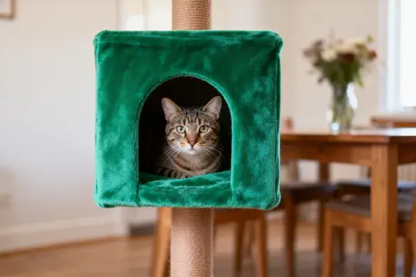 绿色猫窝内的虎斑短毛猫