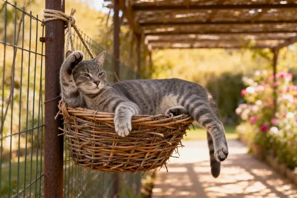 藤架下篮筐中的短毛虎斑猫