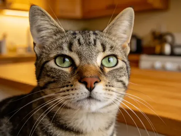阳光明媚下虎斑短毛猫注视镜头场景