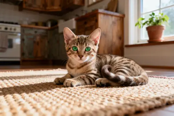 短毛虎斑猫于编织地毯上的姿态