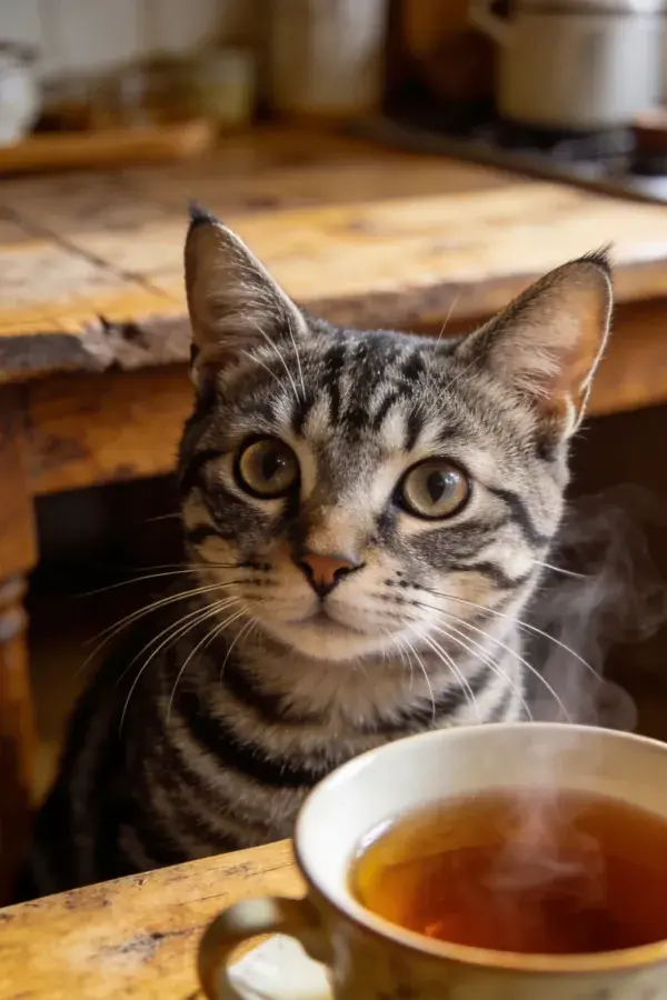 木质桌面旁的虎斑短毛猫