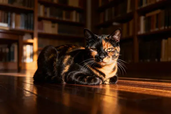 玳瑁猫在图书馆木质地面上的状态