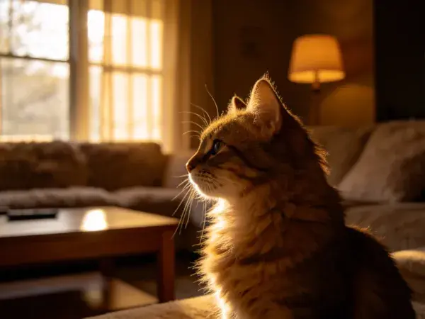 客厅暖光下的长毛橙白相间缅因猫