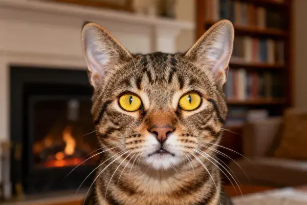 客厅暖光下短毛虎斑猫特写镜头