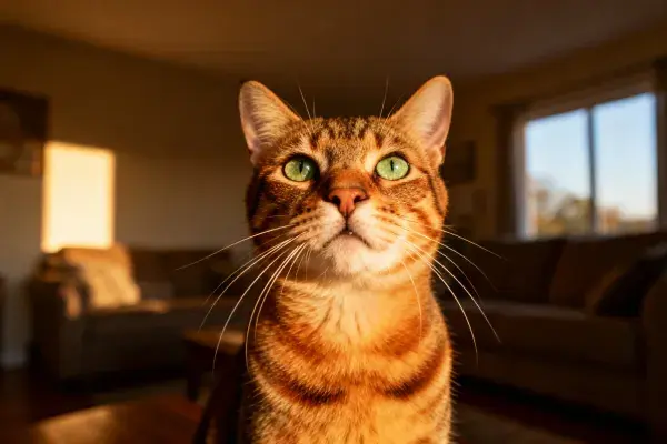 室内暖光下专注的虎斑猫特写