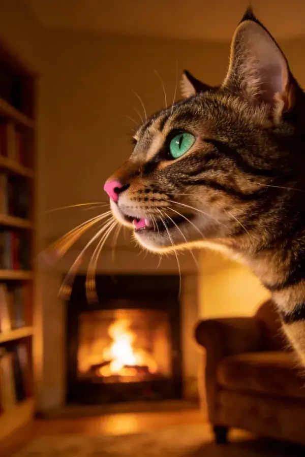 酷似虎纹的短毛猫在室内火炉旁侧头