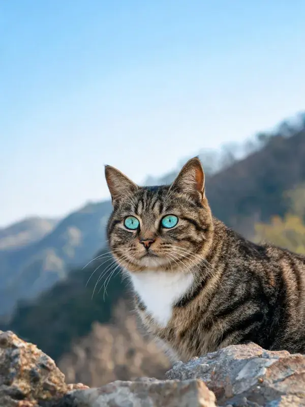 青山岩石上的短毛虎斑猫