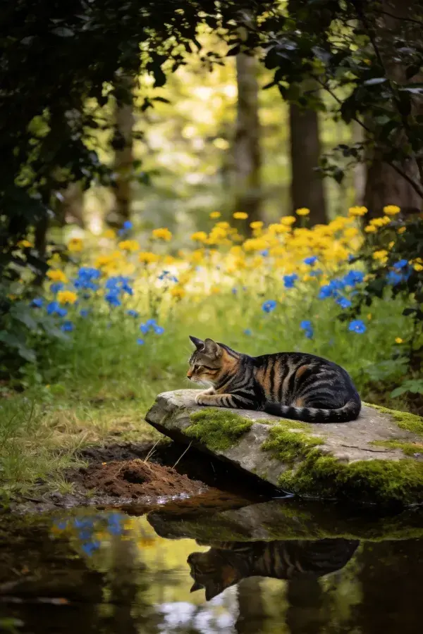青苔岩石上的短毛虎斑猫眺望野花丛