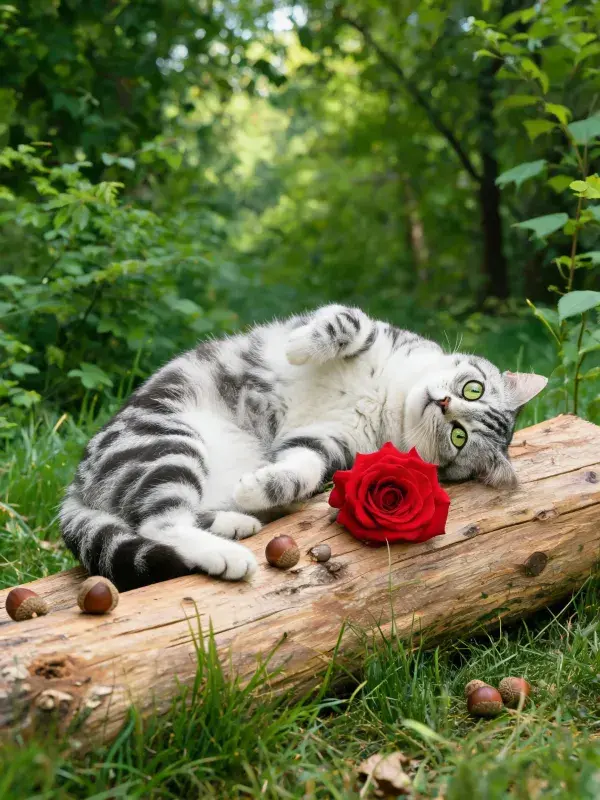 森林场景中银虎斑短毛猫的休憩画面