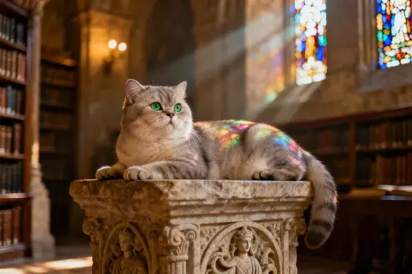 英国短毛猫于古旧图书馆的石柱上