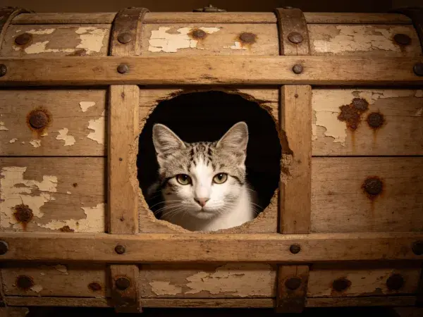 短毛虎斑家猫探身木箱