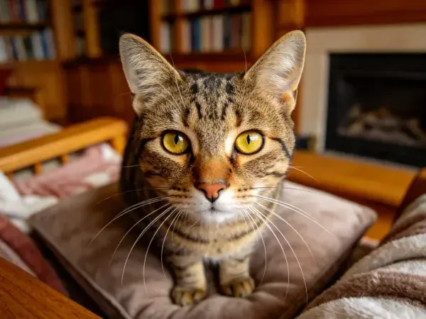 酒店房间内短毛虎斑猫特写