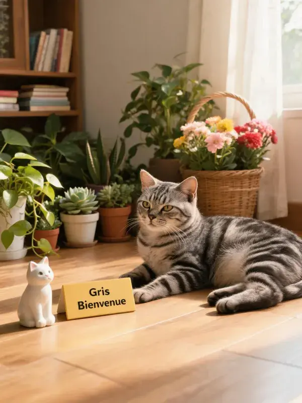 灰色虎斑短毛猫在室内植物间的休憩场景