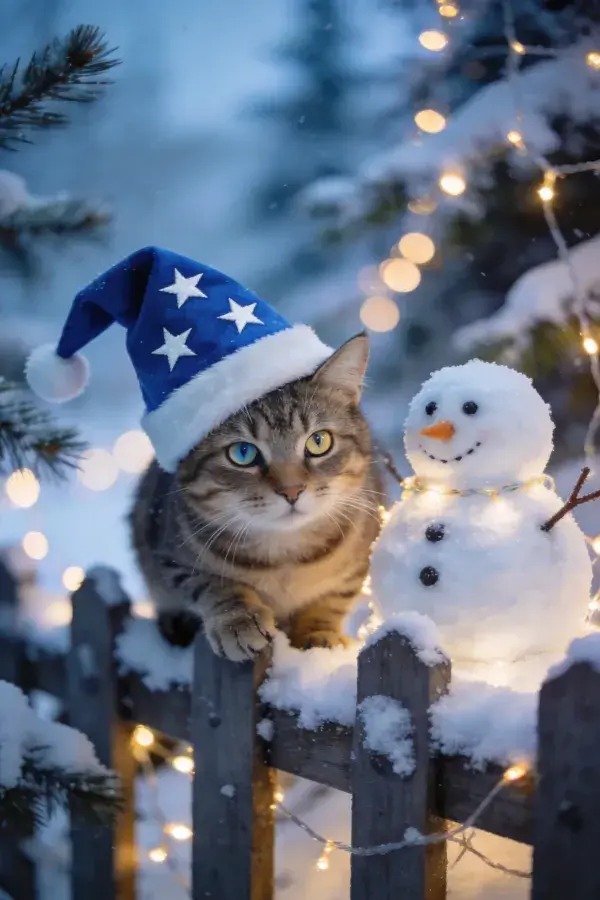 雪地木栅栏上的虎斑短毛家猫与雪人