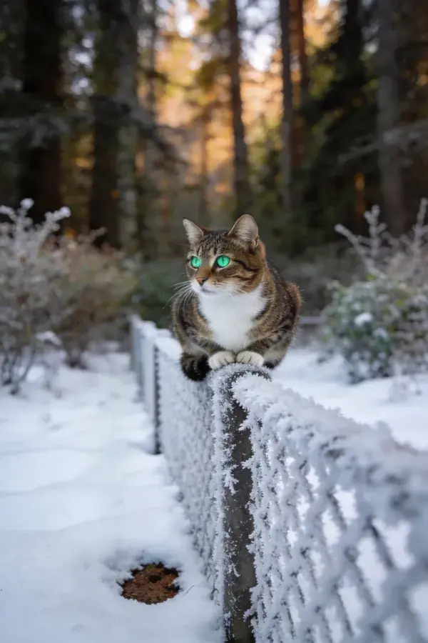雪地围栏上的短毛虎斑家猫