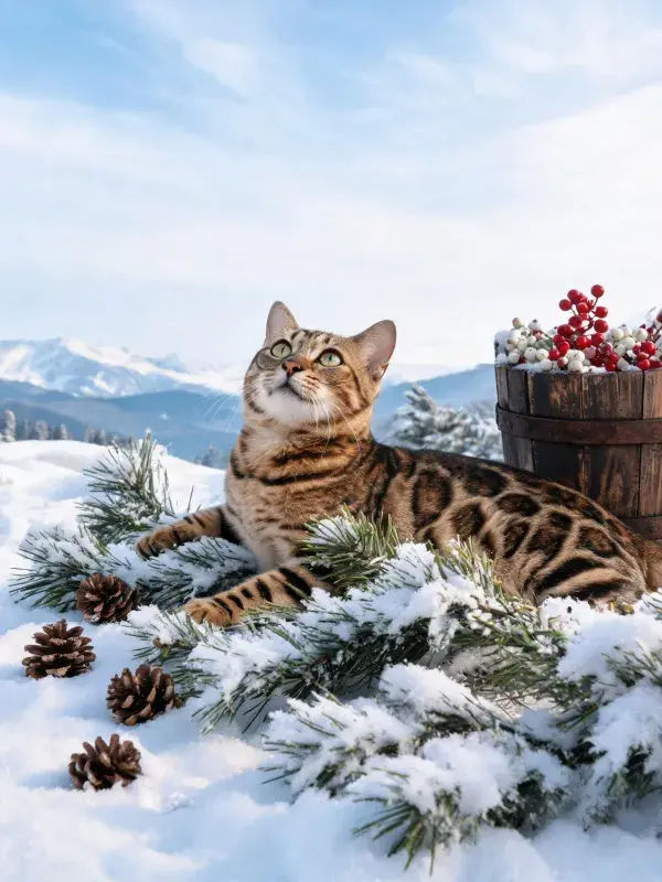雪地松枝旁孟加拉豹猫的休憩场景