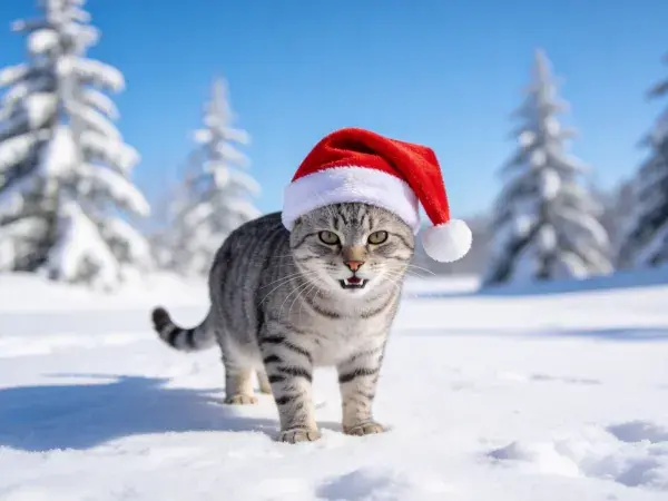 短毛虎斑猫戴圣诞帽雪地场景