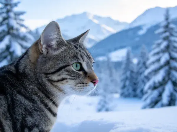 短毛虎斑猫凝视雪景场景