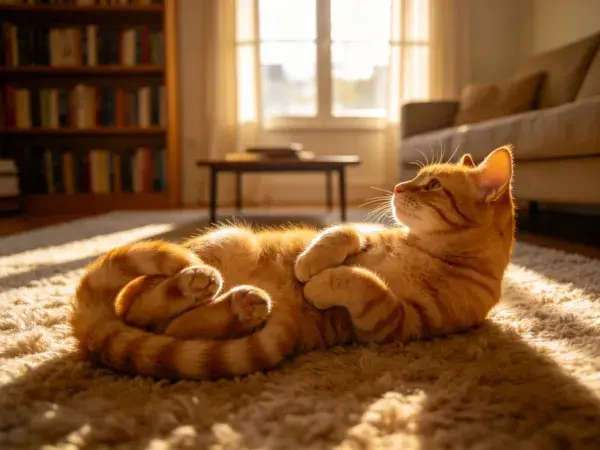 室内地毯上橙虎斑短毛家猫躺卧场景