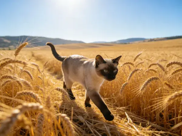 麦田中行走暹罗猫的场景