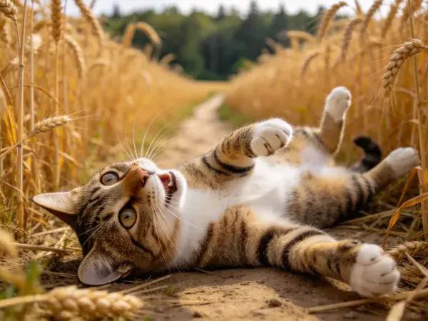 虎斑纹短毛猫躺卧麦田场景