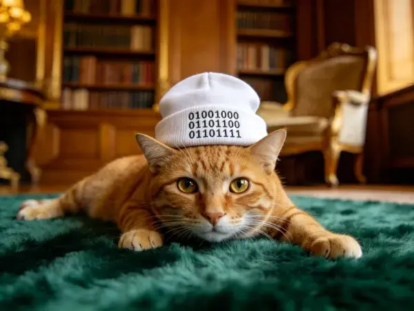 阅书室里戴二进制帽子橘色短毛家猫