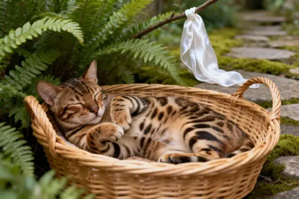 斑纹短毛猫静卧藤编篮中