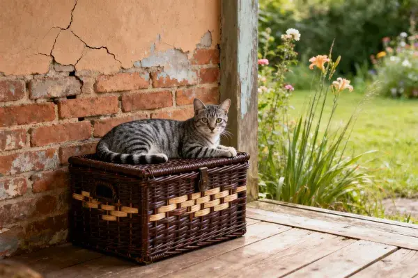 砖墙旁藤编箱上的短毛虎斑猫
